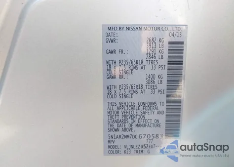 2013 Nissan Pathfinder Sv из США, поврежденный, VIN 5N1AR2MM7DC670583